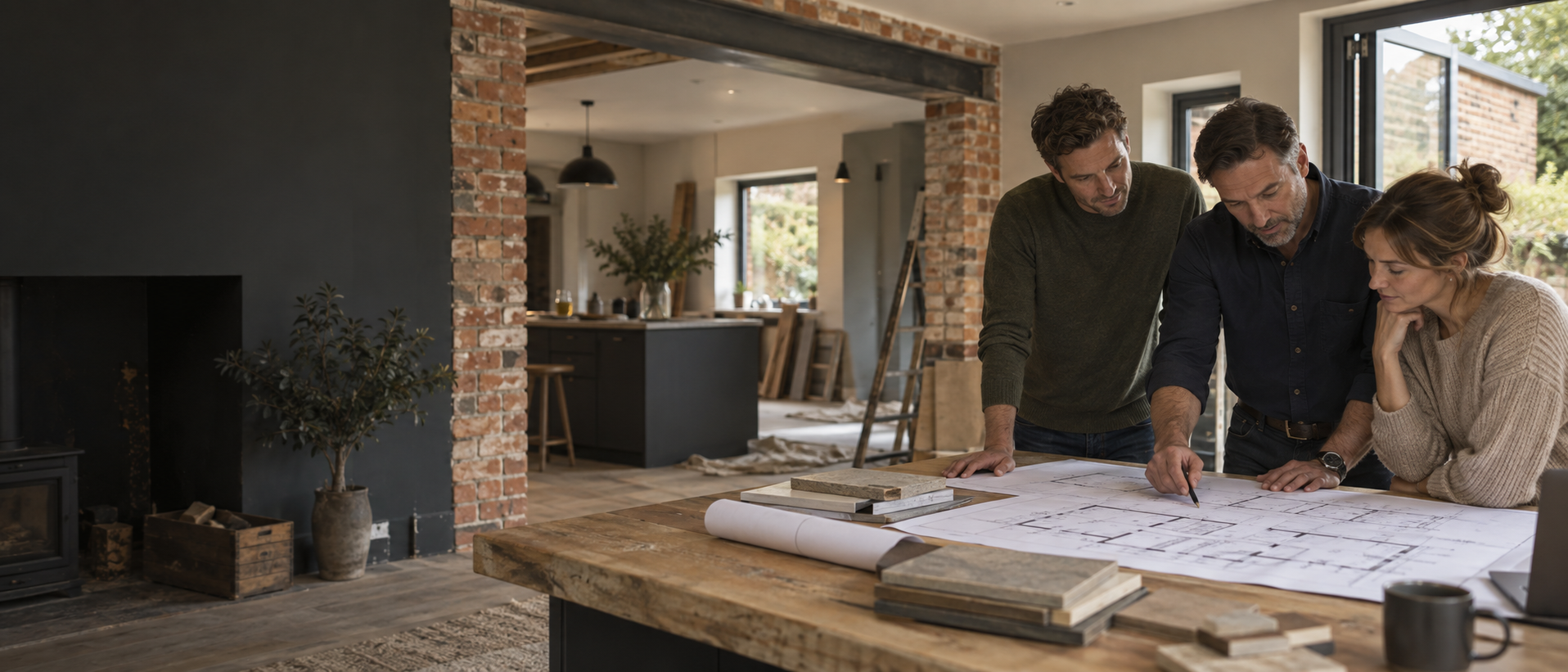 Homeowners reviewing renovation plans with a project adviser